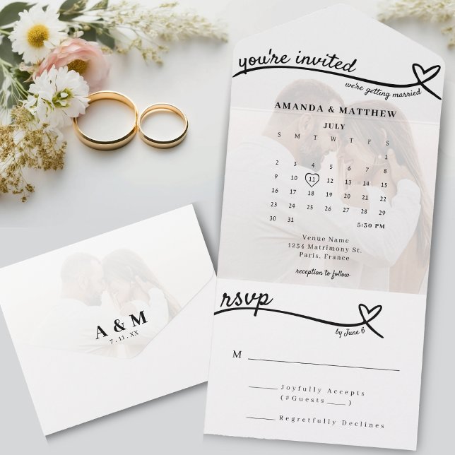 Photo Monogram Heart Line White Calendar Wedding  All In One Invitation (Photo Monogram Heart Line White Calendar Wedding All In One Invitation
)