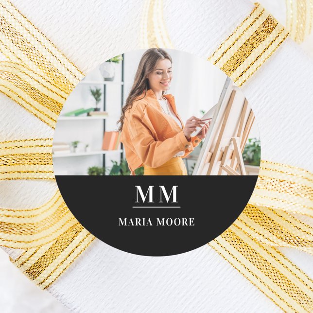 Photo monogram name black white classic round sticker (Creator Uploaded)