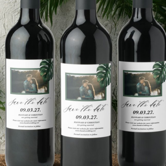 Photo Monstera Tropical Palm Leaf  Save the date Wine Label (Creator Uploaded)