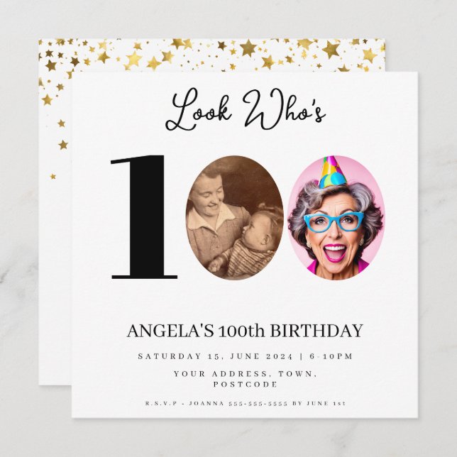 photo Montage Birthday party 100 years old Invitation (Front/Back)