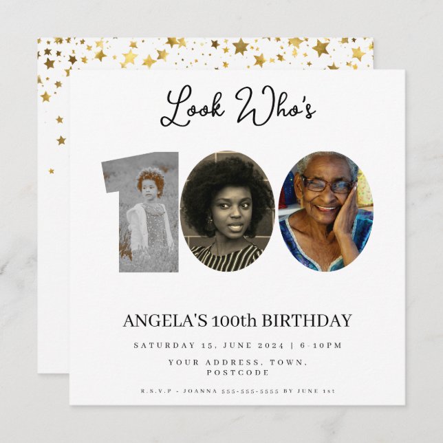 photo Montage Birthday party 100 years old Invitation (Front/Back)