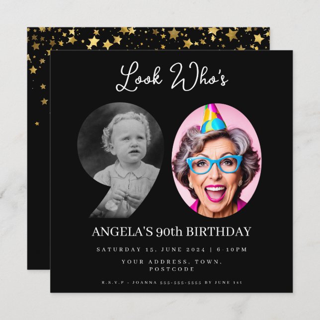 photo Montage Birthday party 90 years old Invitation (Front/Back)