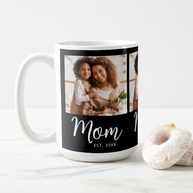 Photo Mum Established Date Black White Script Gift Coffee Mug (With Donut)