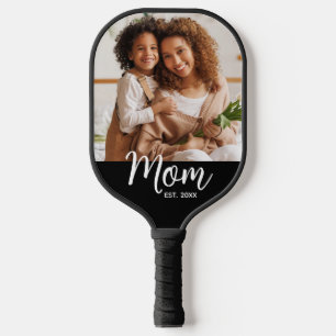 Photo Mum Established Date Fun Script on Black Pickleball Paddle