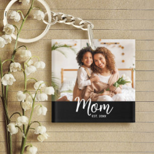 Photo Mum Established Date White Script on Black Key Ring