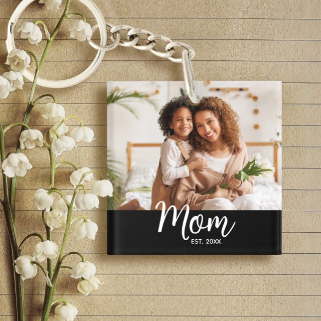 Photo Mum Established Date White Script on Black Key Ring (Creator Uploaded)
