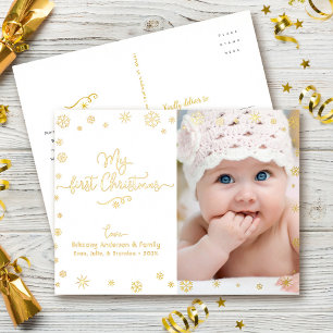 Photo My First Christmas Baby Snowflakes Real Gold Foil Holiday Postcard