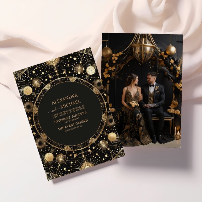 Photo Mystical Black Gold Celestial Galaxy Wedding Invitation (Creator Uploaded)