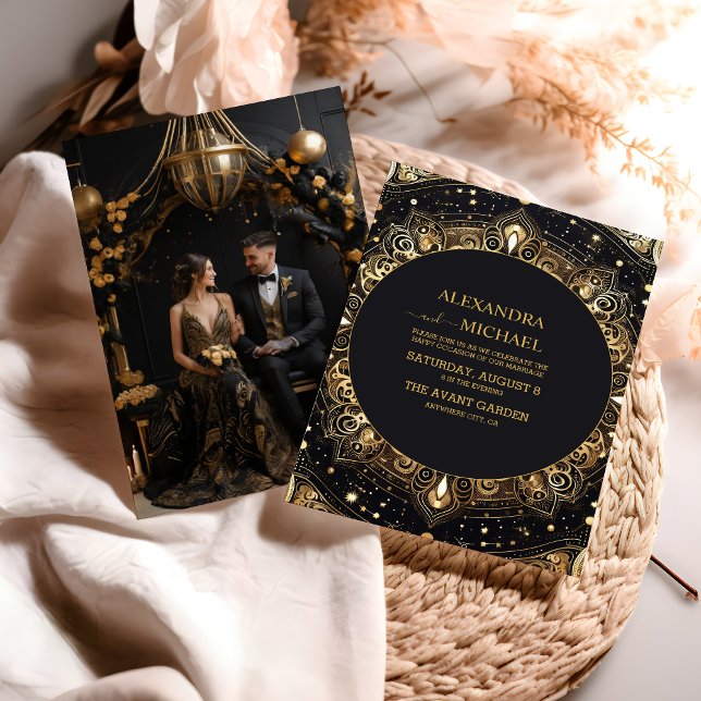 Photo Mystical Black Gold Celestial Stars Wedding  Invitation (Creator Uploaded)