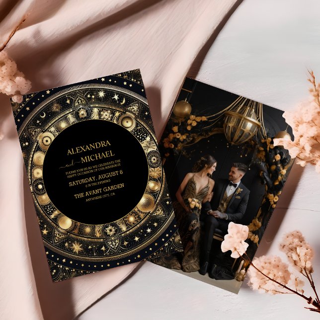 Photo Mystical Chic Black Gold Sun Moon Wedding Invitation (Creator Uploaded)