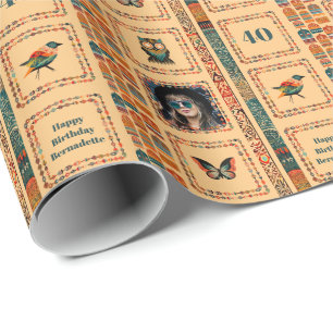 Photo Name Age Ethnic Bohemian Peach Owl Birthday Wrapping Paper