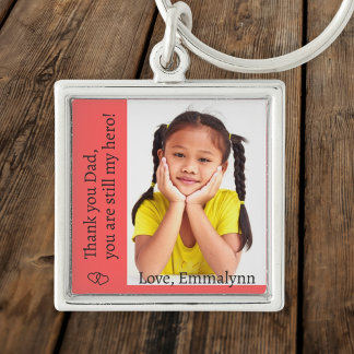 Photo, name and text in black on red key ring