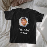 Photo name birthday boy black T-Shirt<br><div class="desc">For a black,  dark t-shirt.  White text.   Rustic brushstroke frame. Personalise and add a name and a photo.</div>