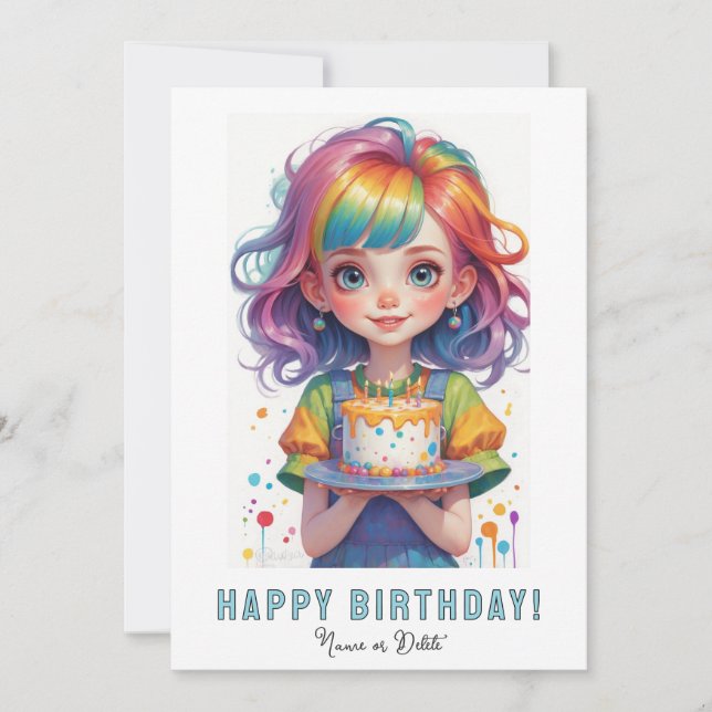 *PHOTO NAME Birthday Girl Cake Rainbow Red Hair Invitation (Front)
