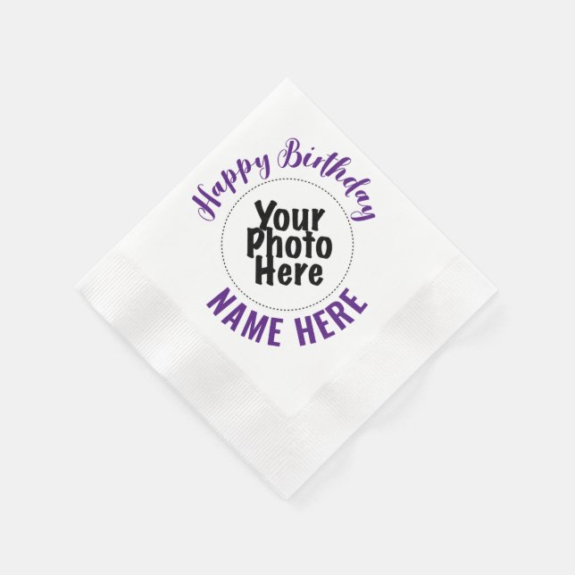 Photo & Name Birthday Party Paper Napkins PURPLE (Corner)