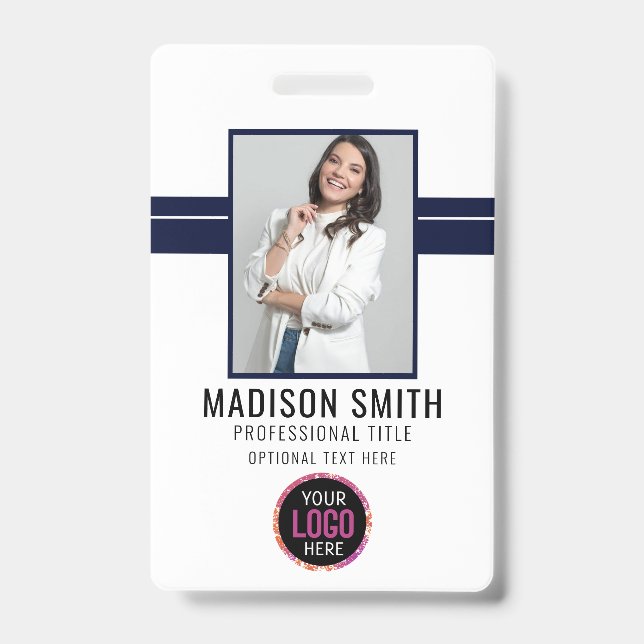 Photo Name Employee ID Badge | Navy White (Front)