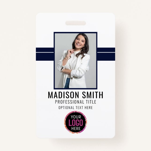 Photo Name Employee ID Badge | Navy White (Front)