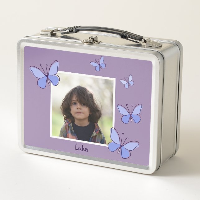 Photo Name Violet & Blue Butterfly Flutter Metal Lunch Box (Front)