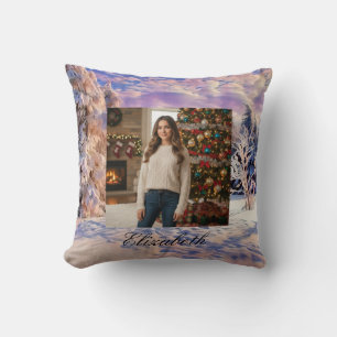 Photo Name Winter Scenery Purple Pink Watercolor Cushion
