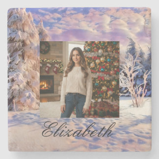 Photo Name Winter Scenery Purple Pink Watercolor  Stone Coaster