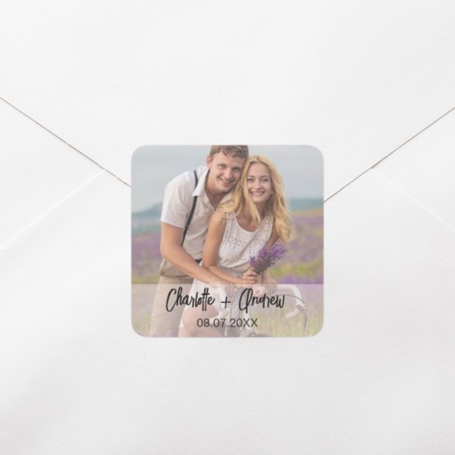 Photo names bride groom wedding favour square sticker (Creator Uploaded)