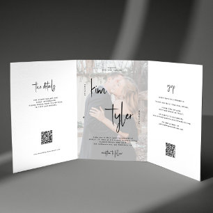 Photo names script wedding RSVP details QR code Tri-Fold Invitation