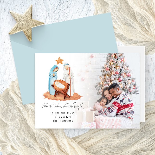 Photo Nativity All is Calm Merry Christmas  (Front and back view)