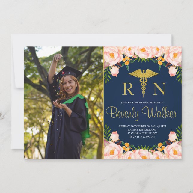 Photo Navy And Blush Floral Nurse Pinning Ceremony Invitation (Front)