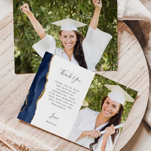Photo Navy Blue Agate Gold Script Graduation Thank You Card (Creator Uploaded)