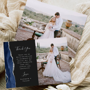 Photo Navy Blue Agate Silver Dark Script Wedding Thank You Card