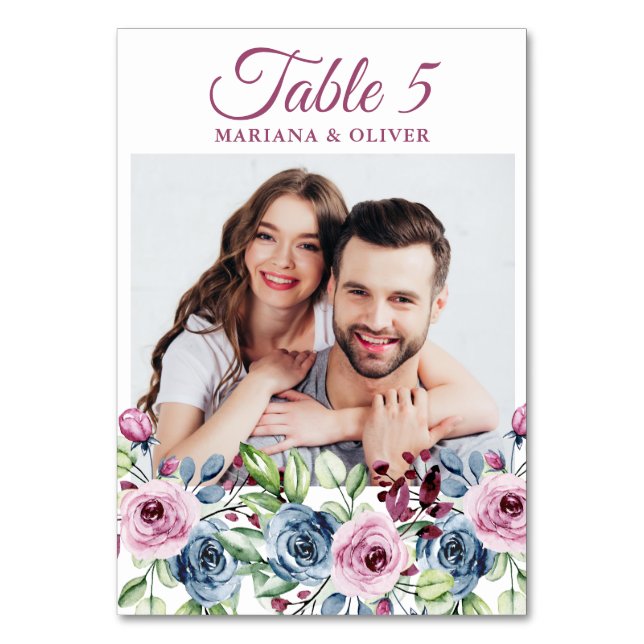 Photo Navy Blue Burgundy Floral Wedding Table Numb Number (Front)