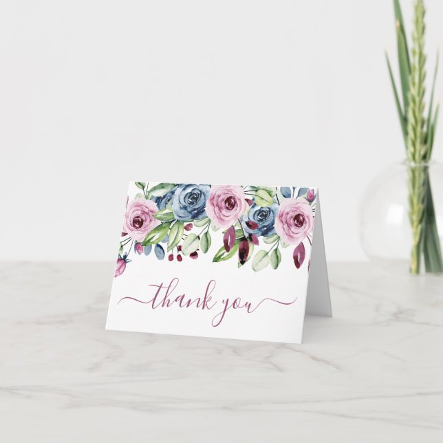Photo Navy Blue Burgundy Floral Wedding Thank You Card (Front)