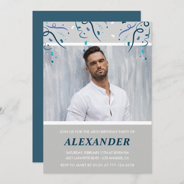 Photo Navy blue Confetti for him 48th birthday Invitation (Front/Back)