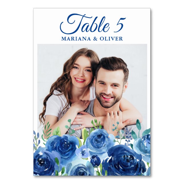 Photo Navy Blue Floral Wedding Table Number (Front)