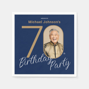 Photo Navy Blue Gold 70th Birthday Napkin