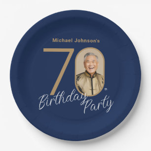 Photo Navy Blue Gold 70th Birthday  Paper Plate