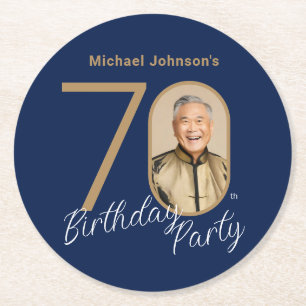 Photo Navy Blue Gold 70th Birthday  Round Paper Coaster