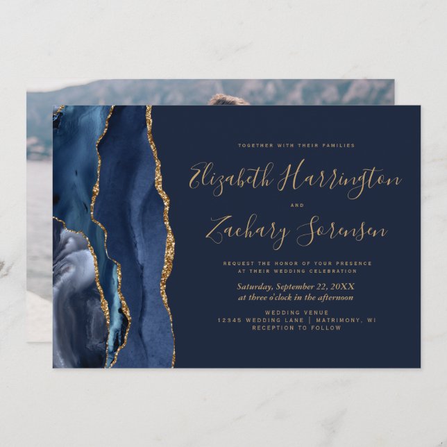 Photo Navy Blue Gold Agate Wedding Invitation (Front/Back)