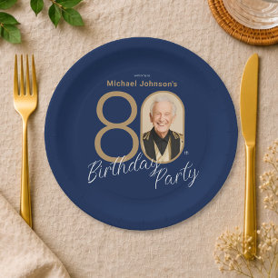 Photo Navy Blue Gold Elegant Custom 80th Birthday Paper Plate