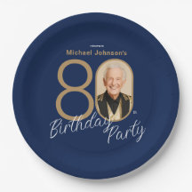 Photo Navy Blue Gold Elegant Custom 80th Birthday 