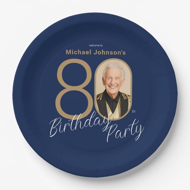 Photo Navy Blue Gold Elegant Custom 80th Birthday  Paper Plate (Front)