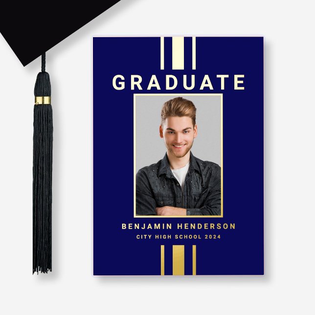 Photo Navy Blue Gold Graduation Announcement  (Custom Photo Navy Blue Gold Graduation Announcement Card.)