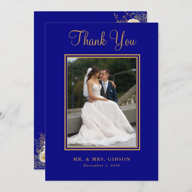 Photo Navy Blue Gold Script Wedding Thank You Card (Front/Back)