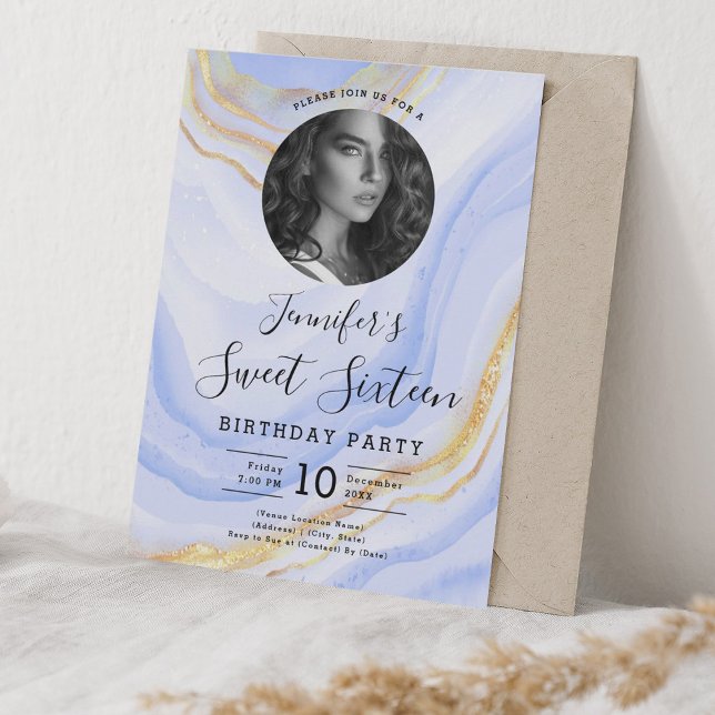 PHOTO Navy Blue Marble Glitter Sweet 16 Party Invitation (PHOTO Navy Blue Marble Glitter Sweet 16 Party Invitation)