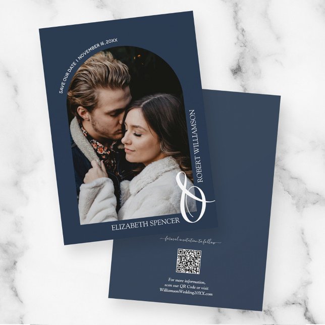 Photo Navy Blue QR Code Wedding Save The Date (Creator Uploaded)