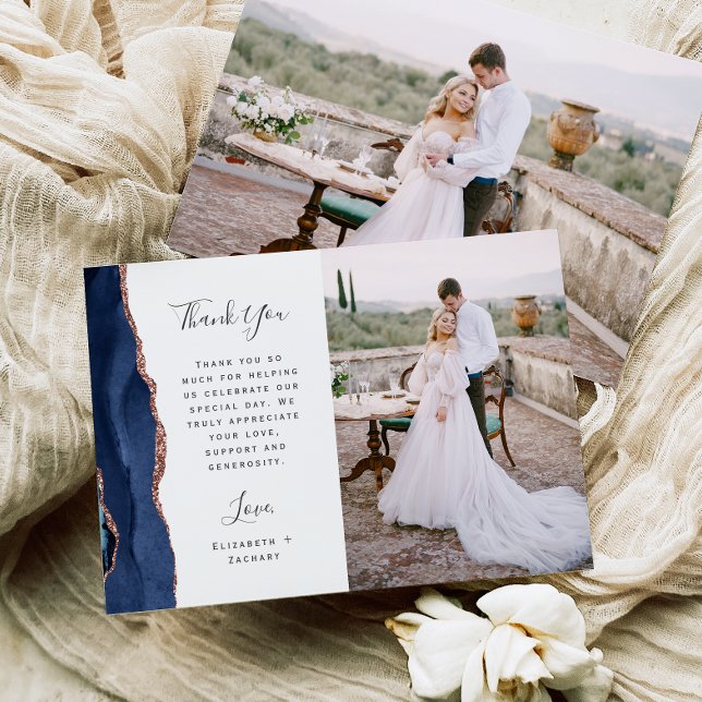 Photo Navy Blue Rose Gold Agate Script Wedding Thank You Card (Creator Uploaded)