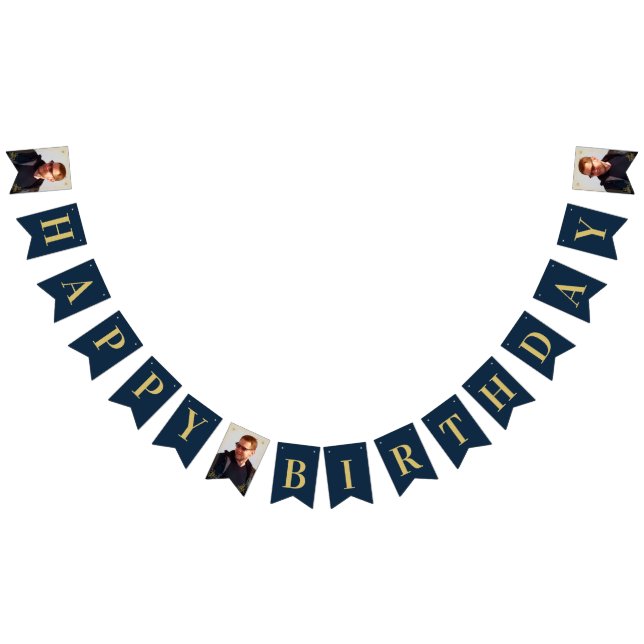 Photo Navy Gold Art Deco Frame Happy Birthday Bunting (All)