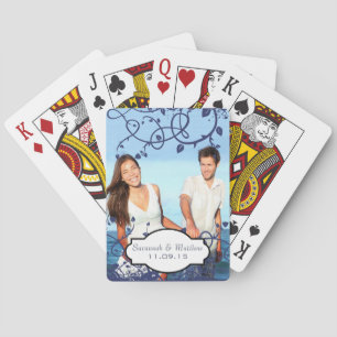 Photo Navy Swirly Vines Wedding Gift Playing Cards
