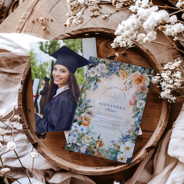 Photo Navy Wildflower Meadow Garden Graduation  Invitation (Creator Uploaded)