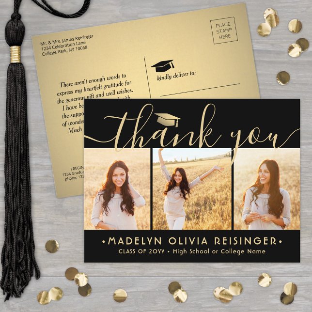 Photo New Address Black Gold Graduation Thank You Postcard (Creator Uploaded)